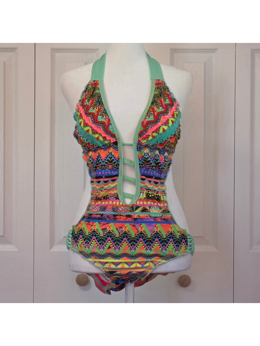 Vintage Y2K Beaded Geometric Print Swimsuit Boho Tropical Halter Deep Plunge